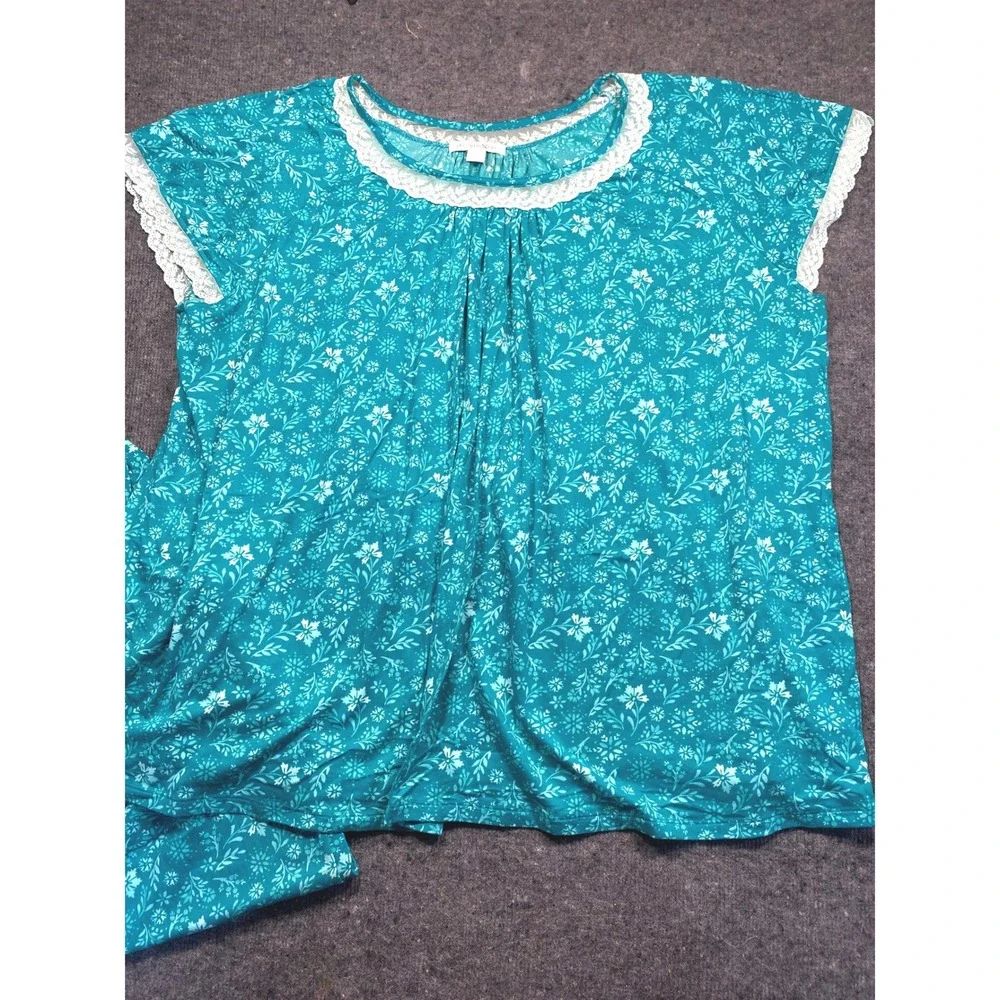 Dreams & Co Teal Floral Lace Trim Pajama Set Plus Size 3X 30/32 Short Sleeve PJ